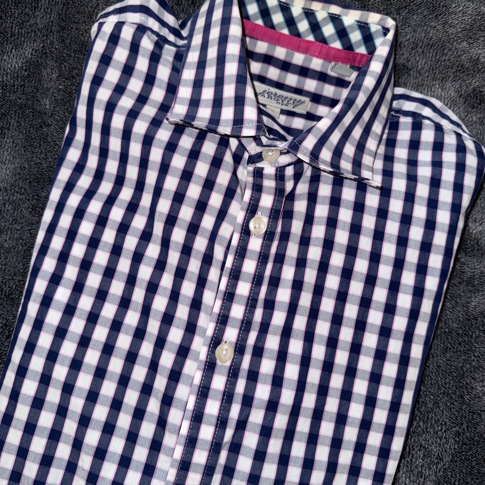 Jeremy Argyle NYC Men's Large Plaid Shirt Navy Pink White Button Up Long Sleeve